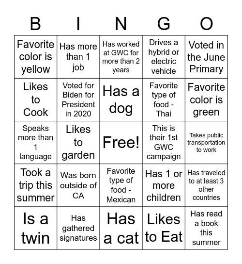 GET TO KNOW YOUR TEAM Bingo Card