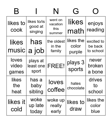 Get to know your classmates Bingo Card