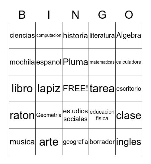 En la escuela Bingo Card