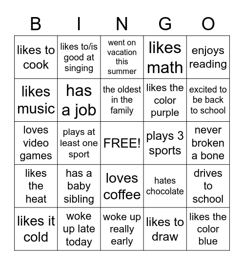 Get to know your classmates Bingo Card