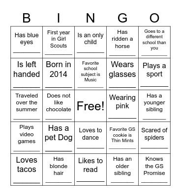 Get to Know Your Girl Scouts Bingo Card