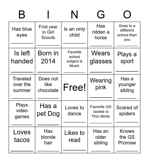 Get to Know Your Girl Scouts Bingo Card