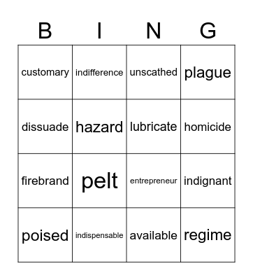 Unit 2 Vocabulary Bingo Card