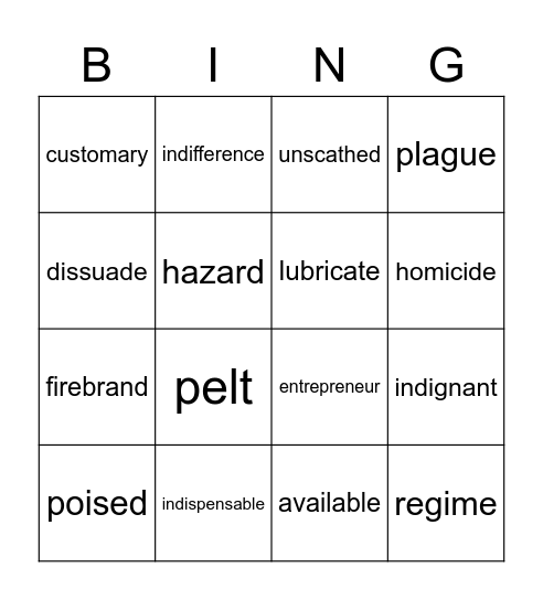 Unit 2 Vocabulary Bingo Card