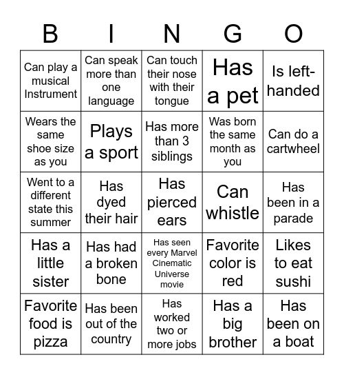 Get to Know You Bingo Card