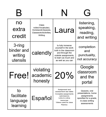 Syllabus Español 1 Bingo Card