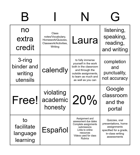 Syllabus Español 1 Bingo Card