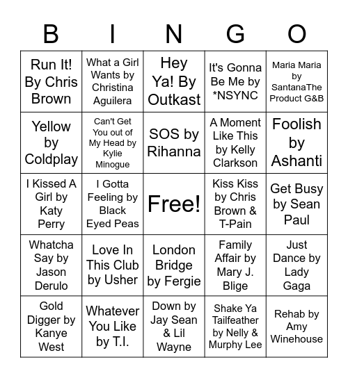 2000s Hits Bingo Card