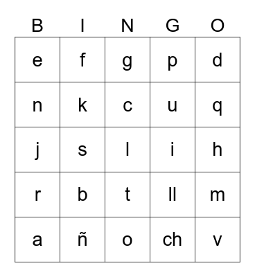SPANISH LETTER BINGO Card