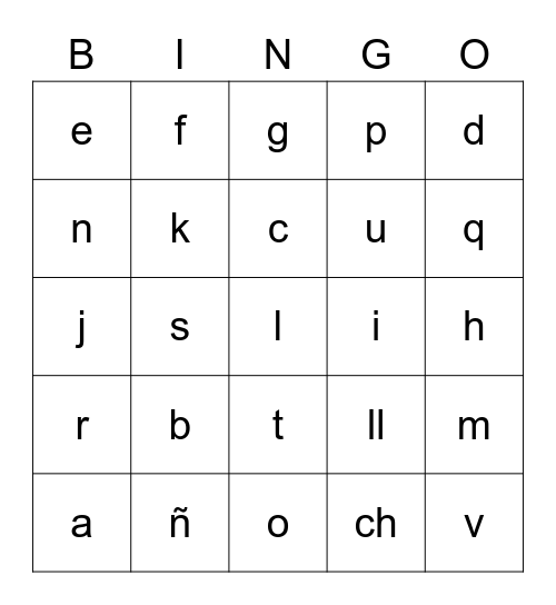 SPANISH LETTER BINGO Card