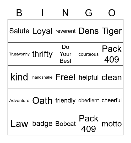 Cub Scout Bobcat Badge Bingo Card