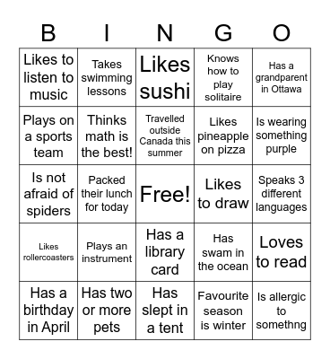 Get to Know Your Classmates! Bingo Card