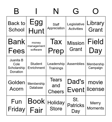 Hunt PTA Budget Bingo Card