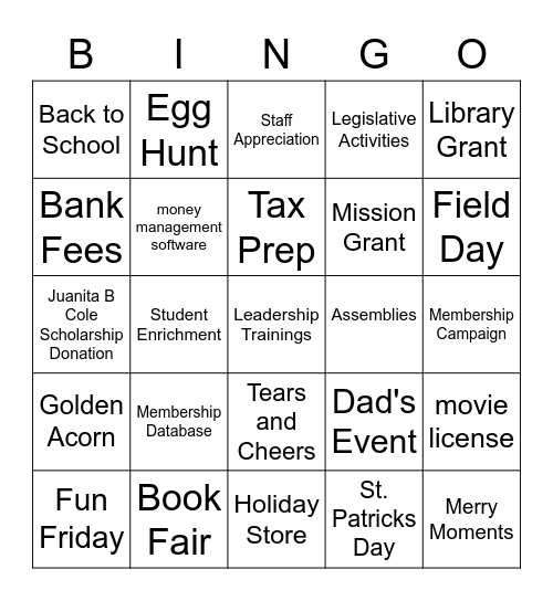 Hunt PTA Budget Bingo Card