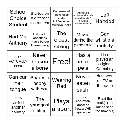 Get to Know You Bingo Card