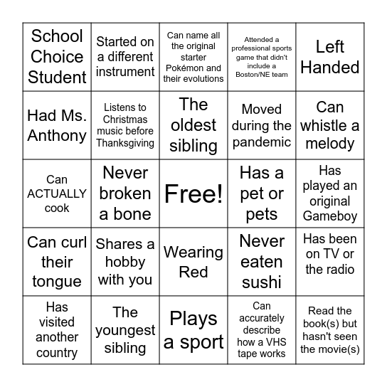 Get to Know You Bingo Card