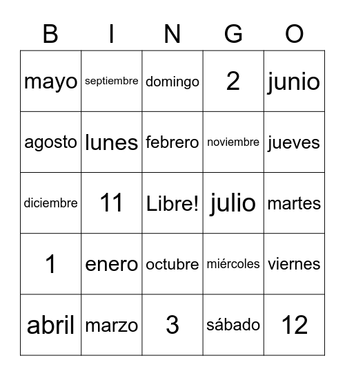 Spanish MONTHS Bingo Card