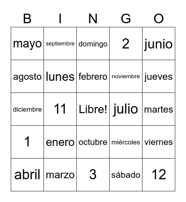 Spanish MONTHS Bingo Card