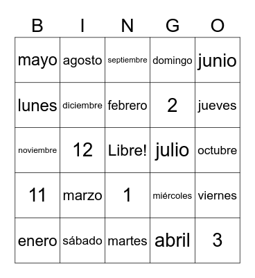 Spanish MONTHS Bingo Card