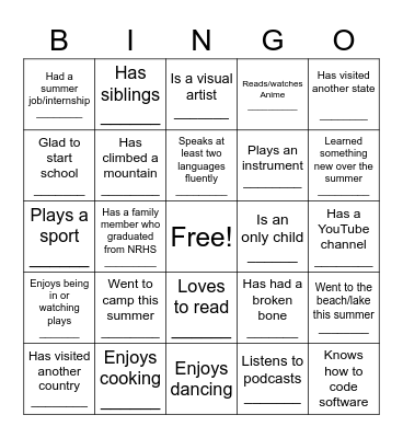 First Day Bingo Card