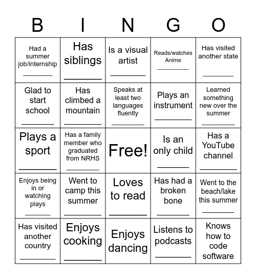 First Day Bingo Card