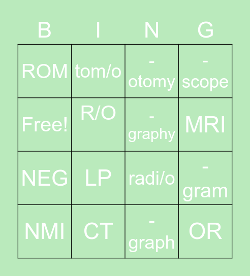 Diagnostic Testing Bingo Card