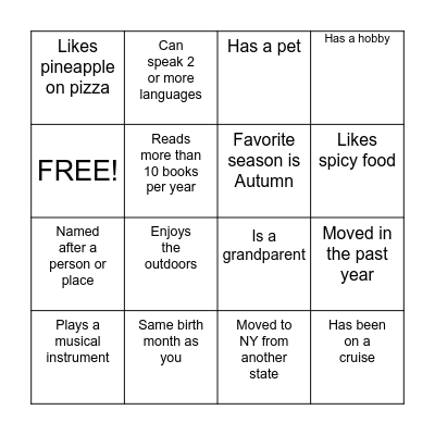 Icebreaker Bingo Card