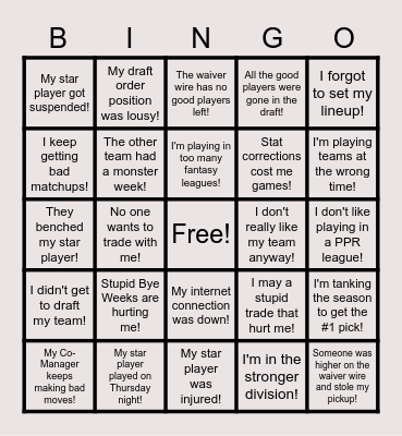 Fantasy Football Excuse Bingo Card