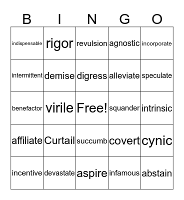 10th Grade Vocabulary Bingo Card