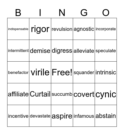 10th Grade Vocabulary Bingo Card