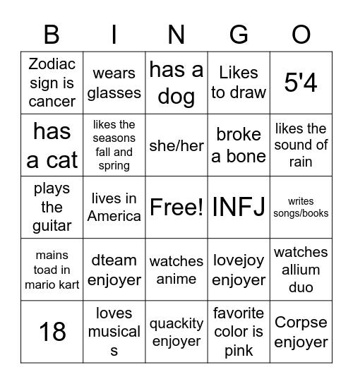 Carlys Bingo board Bingo Card