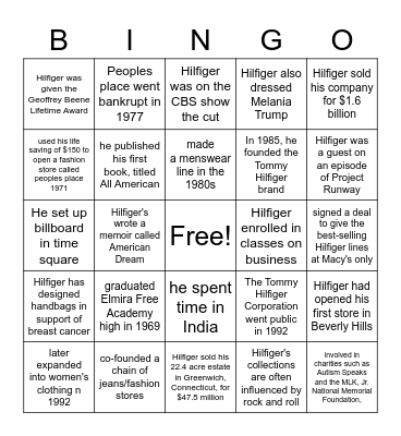 Tommy Hilfiger Bingo Card