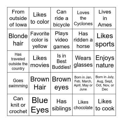 Best Buddies BINGO Card