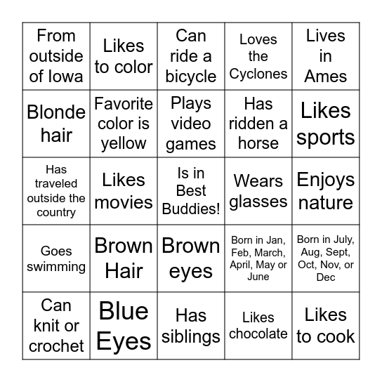 Best Buddies BINGO Card