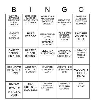 MEET YOUR CLASSMATE BINGO Card