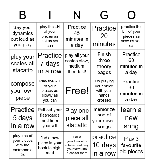 Piano Practice A Bingo Card