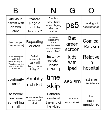 Dhar Mann Bingo (additional squares) v2 Bingo Card