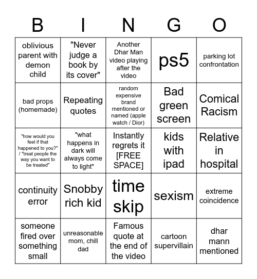 Dhar Mann Bingo (additional squares) v2 Bingo Card