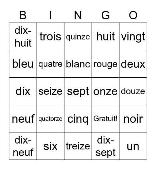 French Bingo Card