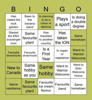 Orientation Bingo Card