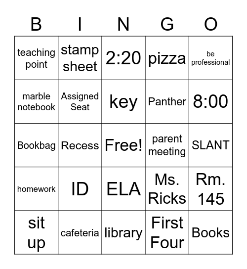 First Day in ELA Bingo! Bingo Card