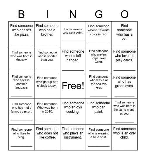 Find Someone Who Bingo Card