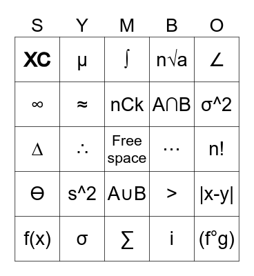 Math Symbo Bingo Card