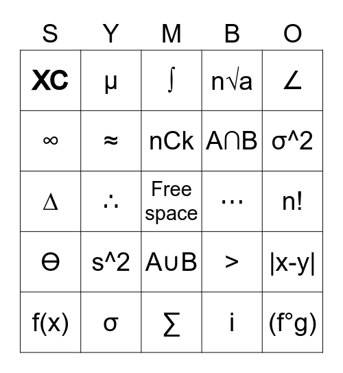 Math Symbo Bingo Card