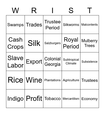 Colonial Georgia - W.R.I.S.T Bingo Card
