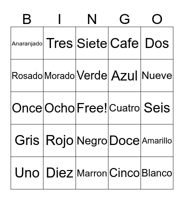 Numbers Color Bingo Card