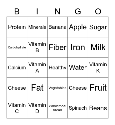 Nutrition Bingo Card