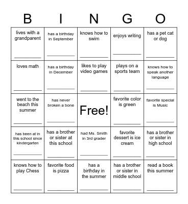 Beginning of Year BINGO Card