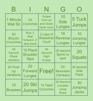 Fitness Bingo Card