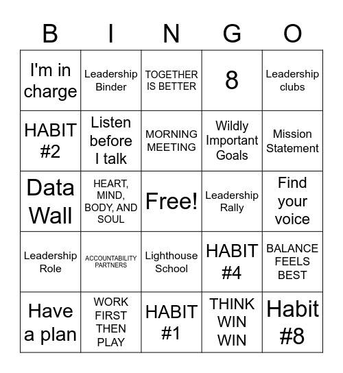 Family Leadership Night Bingo Card